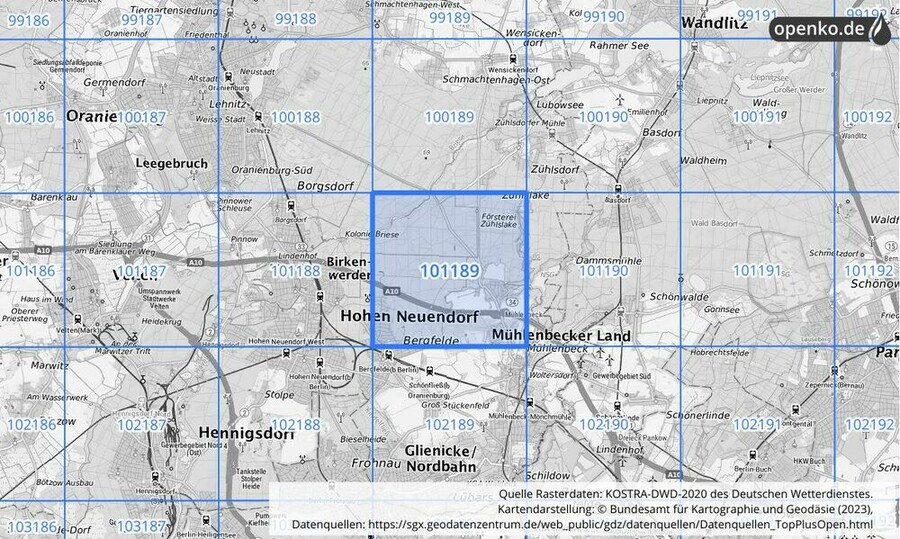 Übersichtskarte des KOSTRA-DWD-2020-Rasterfeldes Nr. 101189