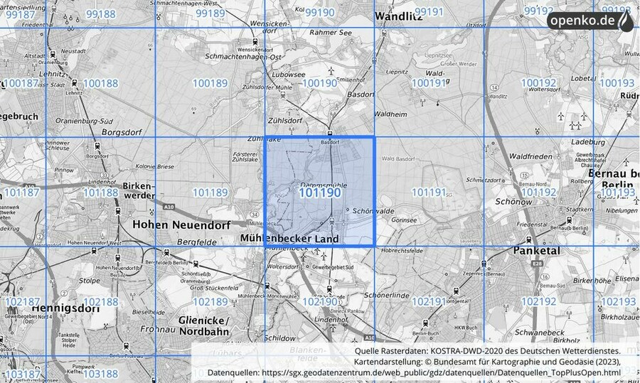 Übersichtskarte des KOSTRA-DWD-2020-Rasterfeldes Nr. 101190