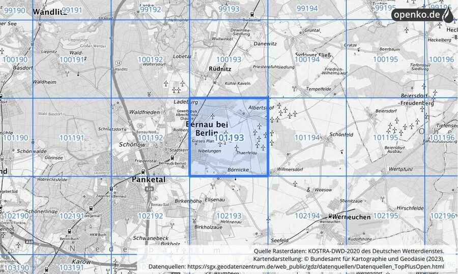 Übersichtskarte des KOSTRA-DWD-2020-Rasterfeldes Nr. 101193