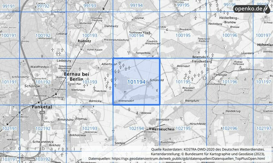 Übersichtskarte des KOSTRA-DWD-2020-Rasterfeldes Nr. 101194