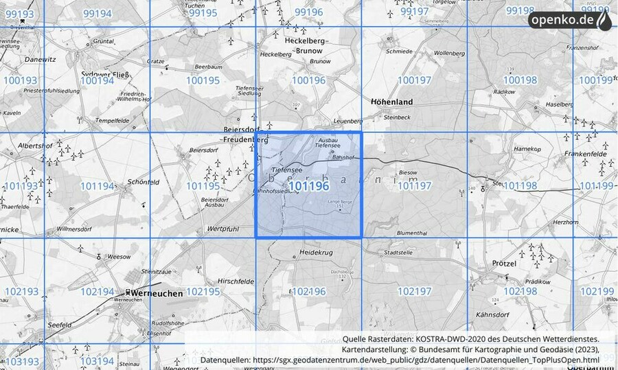 Übersichtskarte des KOSTRA-DWD-2020-Rasterfeldes Nr. 101196