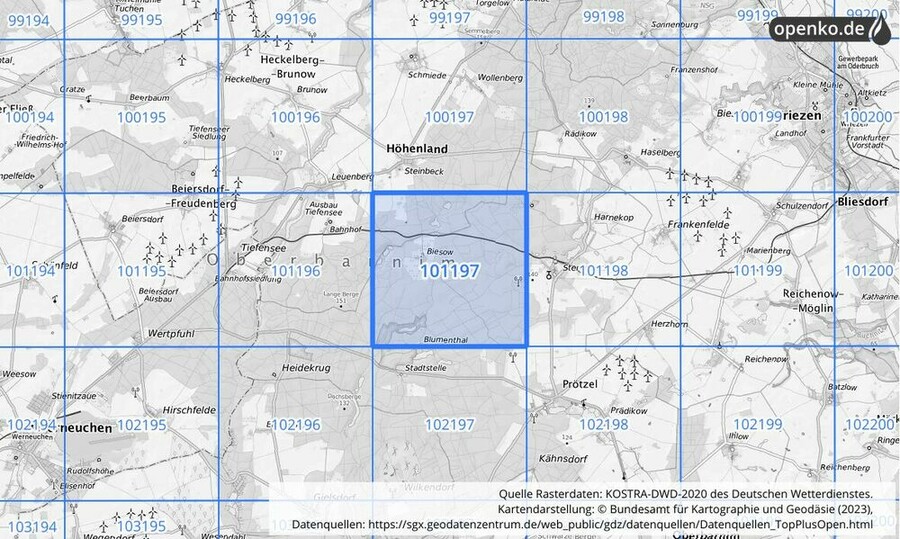 Übersichtskarte des KOSTRA-DWD-2020-Rasterfeldes Nr. 101197