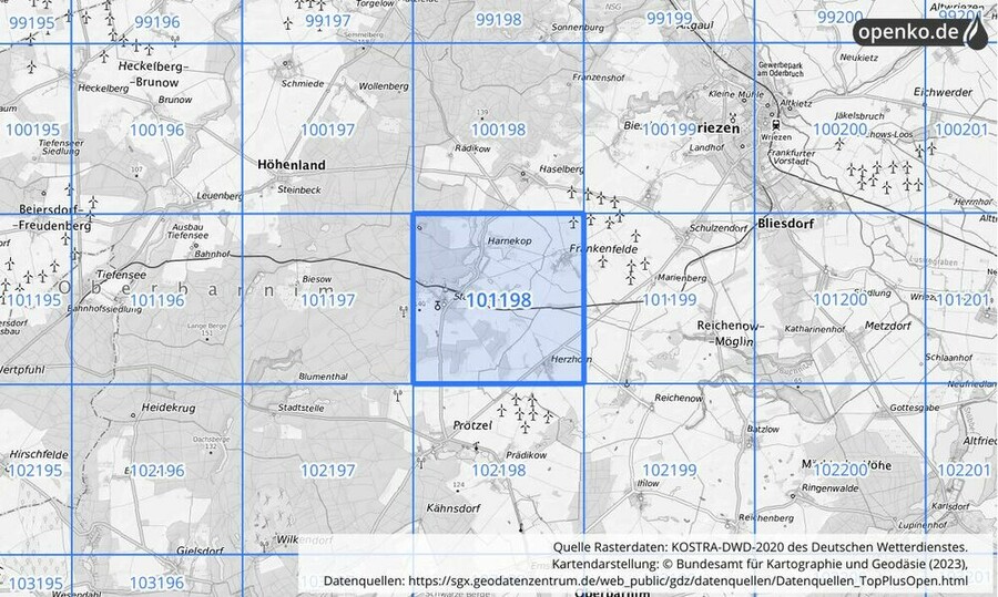 Übersichtskarte des KOSTRA-DWD-2020-Rasterfeldes Nr. 101198