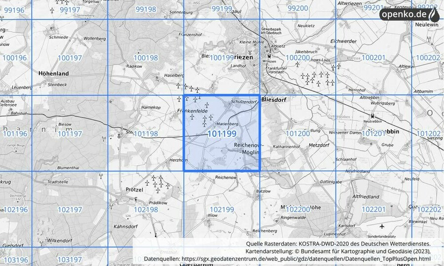 Übersichtskarte des KOSTRA-DWD-2020-Rasterfeldes Nr. 101199