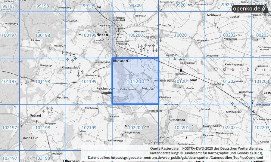 Übersichtskarte des KOSTRA-DWD-2020-Rasterfeldes Nr. 101200