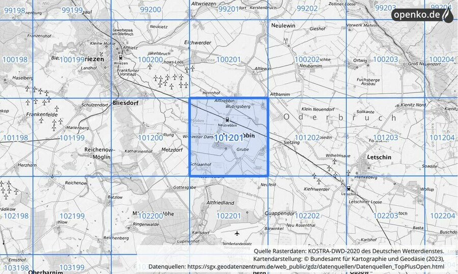 Übersichtskarte des KOSTRA-DWD-2020-Rasterfeldes Nr. 101201