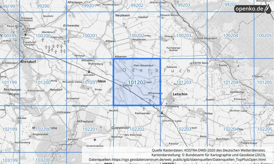 Übersichtskarte des KOSTRA-DWD-2020-Rasterfeldes Nr. 101202