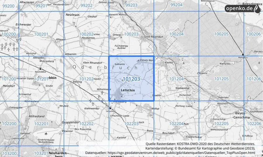 Übersichtskarte des KOSTRA-DWD-2020-Rasterfeldes Nr. 101203