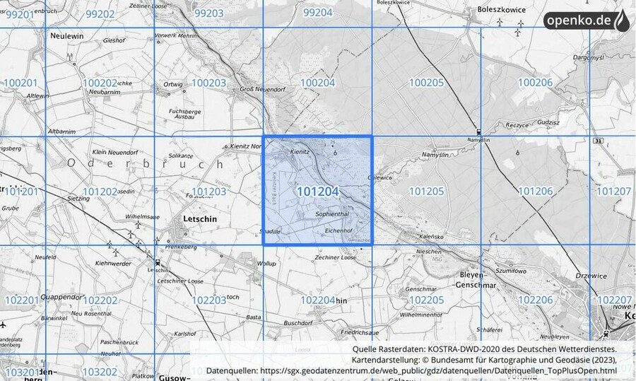 Übersichtskarte des KOSTRA-DWD-2020-Rasterfeldes Nr. 101204