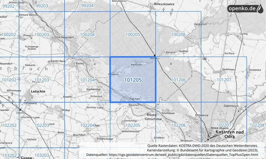 Übersichtskarte des KOSTRA-DWD-2020-Rasterfeldes Nr. 101205