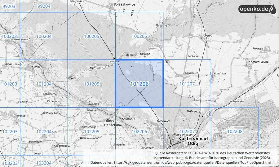 Übersichtskarte des KOSTRA-DWD-2020-Rasterfeldes Nr. 101206