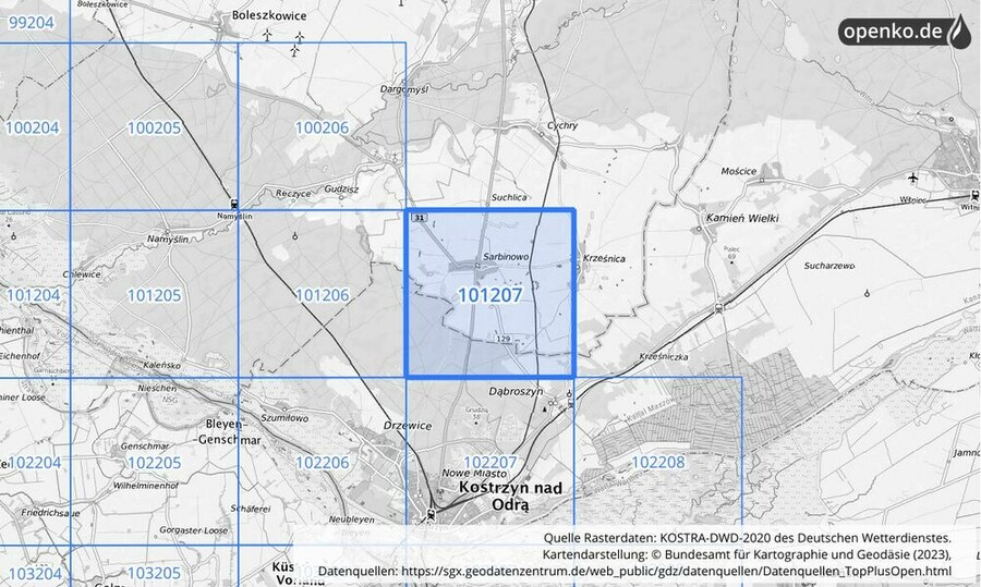 Übersichtskarte des KOSTRA-DWD-2020-Rasterfeldes Nr. 101207