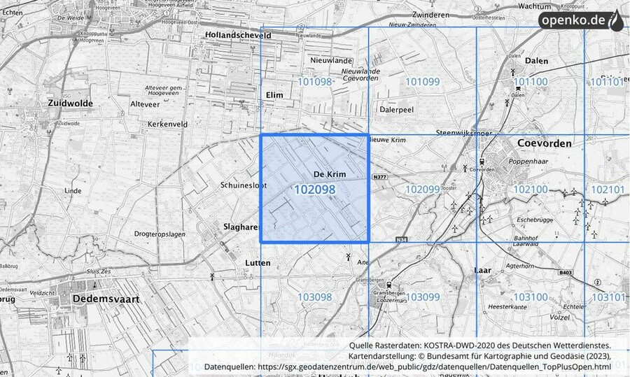 Übersichtskarte des KOSTRA-DWD-2020-Rasterfeldes Nr. 102098