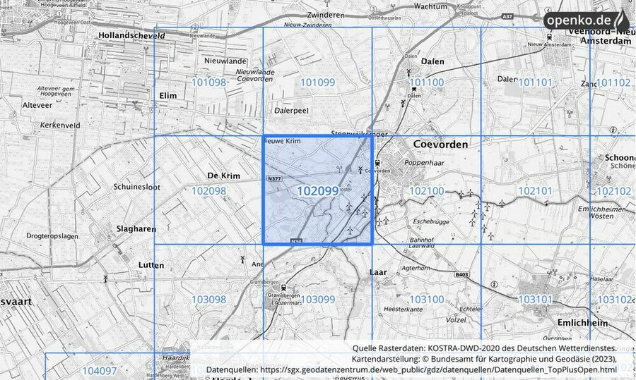 Übersichtskarte des KOSTRA-DWD-2020-Rasterfeldes Nr. 102099