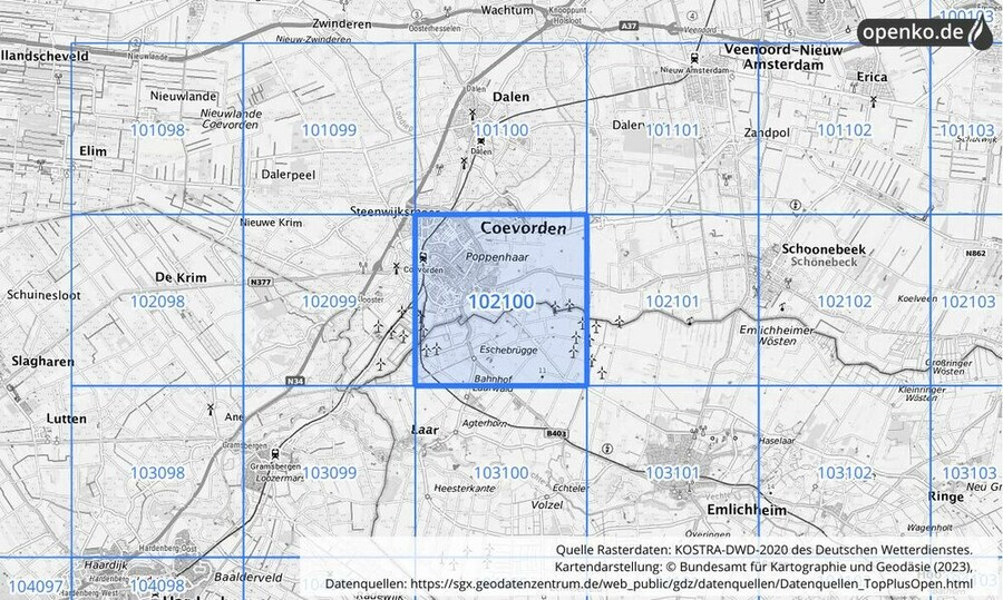 Übersichtskarte des KOSTRA-DWD-2020-Rasterfeldes Nr. 102100