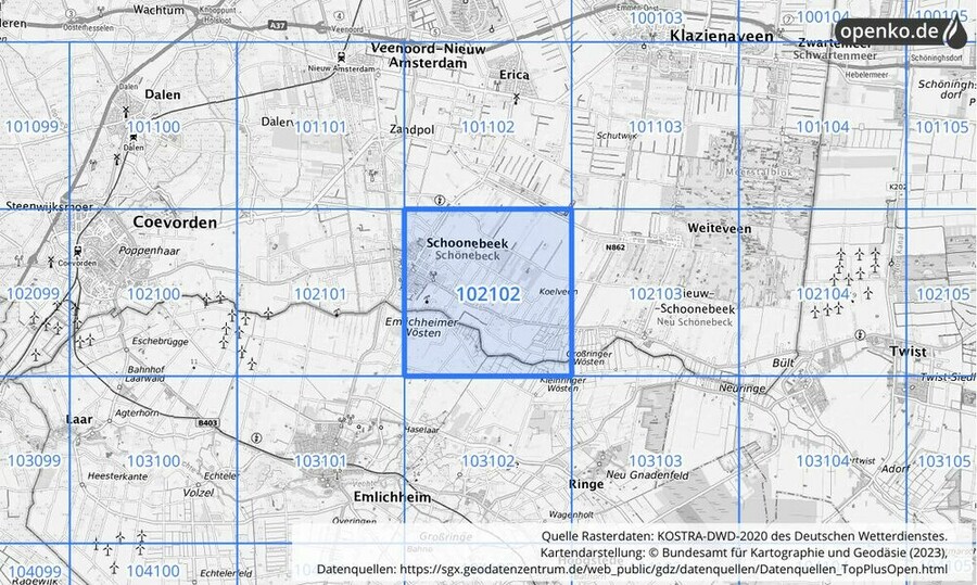 Übersichtskarte des KOSTRA-DWD-2020-Rasterfeldes Nr. 102102