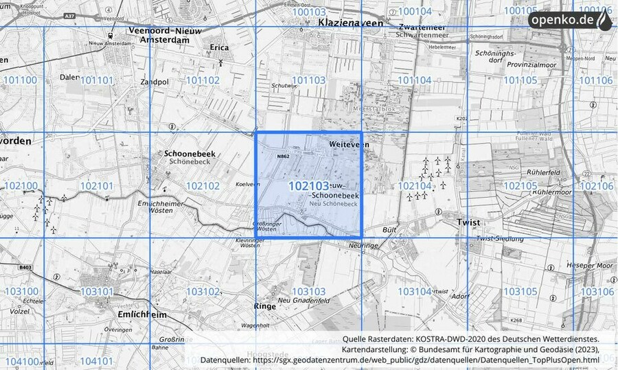 Übersichtskarte des KOSTRA-DWD-2020-Rasterfeldes Nr. 102103