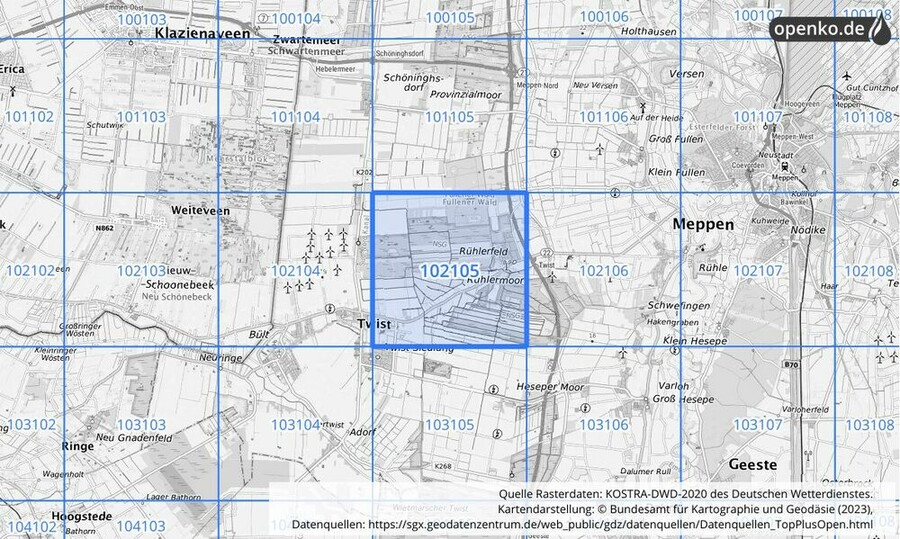 Übersichtskarte des KOSTRA-DWD-2020-Rasterfeldes Nr. 102105