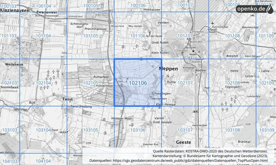 Übersichtskarte des KOSTRA-DWD-2020-Rasterfeldes Nr. 102106