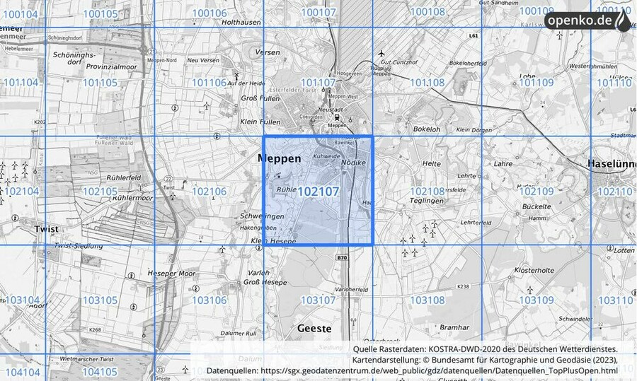 Übersichtskarte des KOSTRA-DWD-2020-Rasterfeldes Nr. 102107