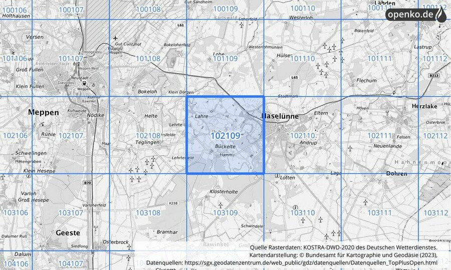 Übersichtskarte des KOSTRA-DWD-2020-Rasterfeldes Nr. 102109