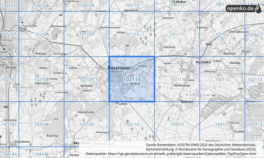 Übersichtskarte des KOSTRA-DWD-2020-Rasterfeldes Nr. 102110