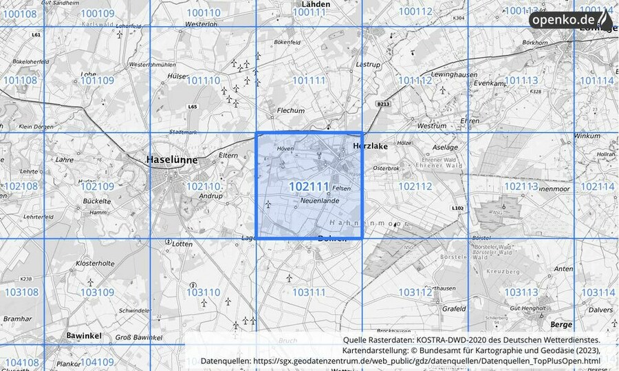 Übersichtskarte des KOSTRA-DWD-2020-Rasterfeldes Nr. 102111