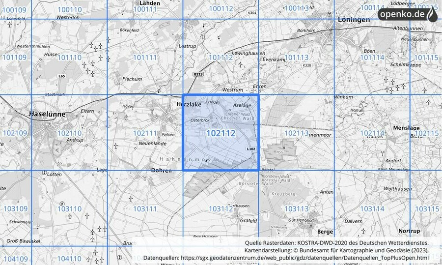 Übersichtskarte des KOSTRA-DWD-2020-Rasterfeldes Nr. 102112