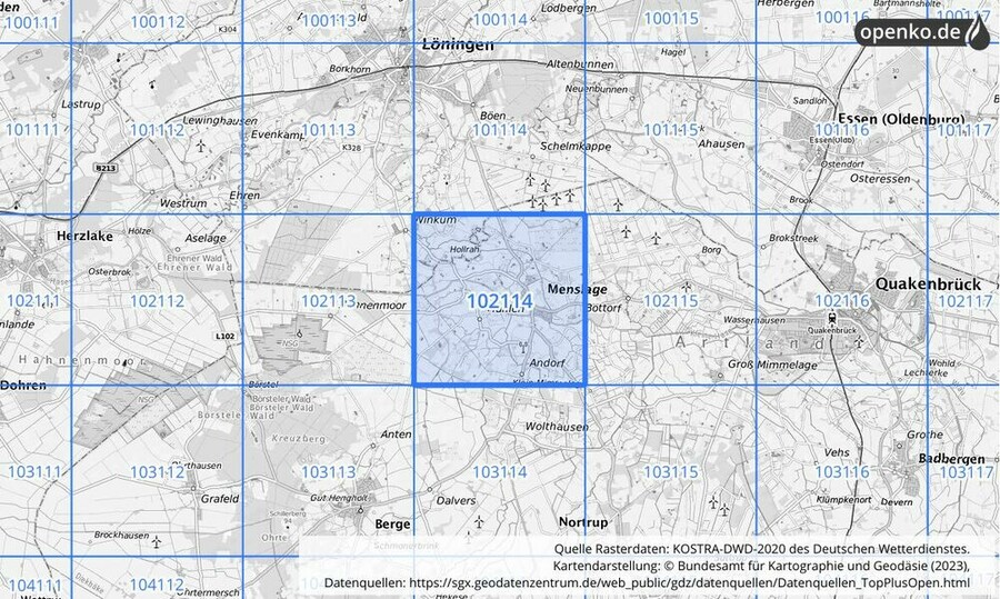 Übersichtskarte des KOSTRA-DWD-2020-Rasterfeldes Nr. 102114