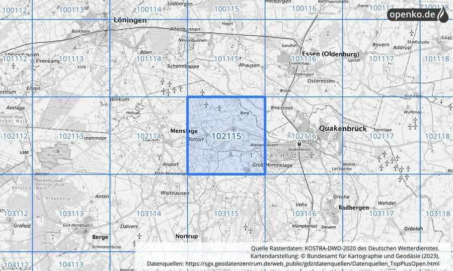 Übersichtskarte des KOSTRA-DWD-2020-Rasterfeldes Nr. 102115