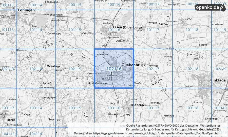 Übersichtskarte des KOSTRA-DWD-2020-Rasterfeldes Nr. 102116