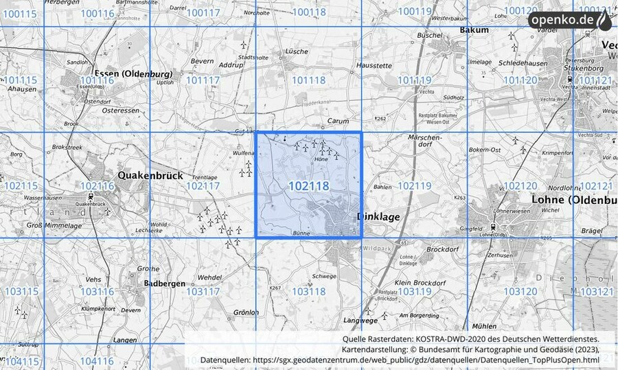 Übersichtskarte des KOSTRA-DWD-2020-Rasterfeldes Nr. 102118