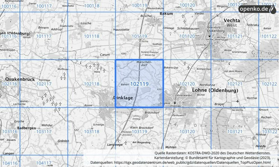 Übersichtskarte des KOSTRA-DWD-2020-Rasterfeldes Nr. 102119