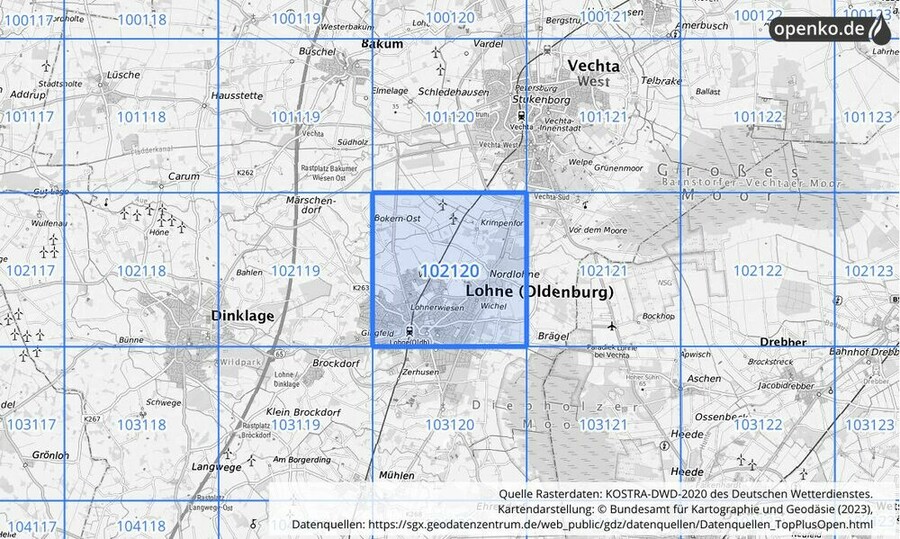 Übersichtskarte des KOSTRA-DWD-2020-Rasterfeldes Nr. 102120