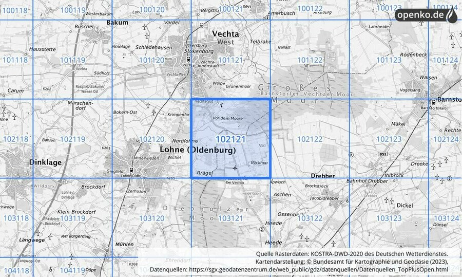 Übersichtskarte des KOSTRA-DWD-2020-Rasterfeldes Nr. 102121