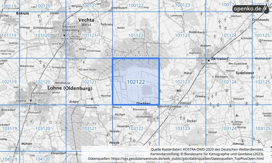 Übersichtskarte des KOSTRA-DWD-2020-Rasterfeldes Nr. 102122