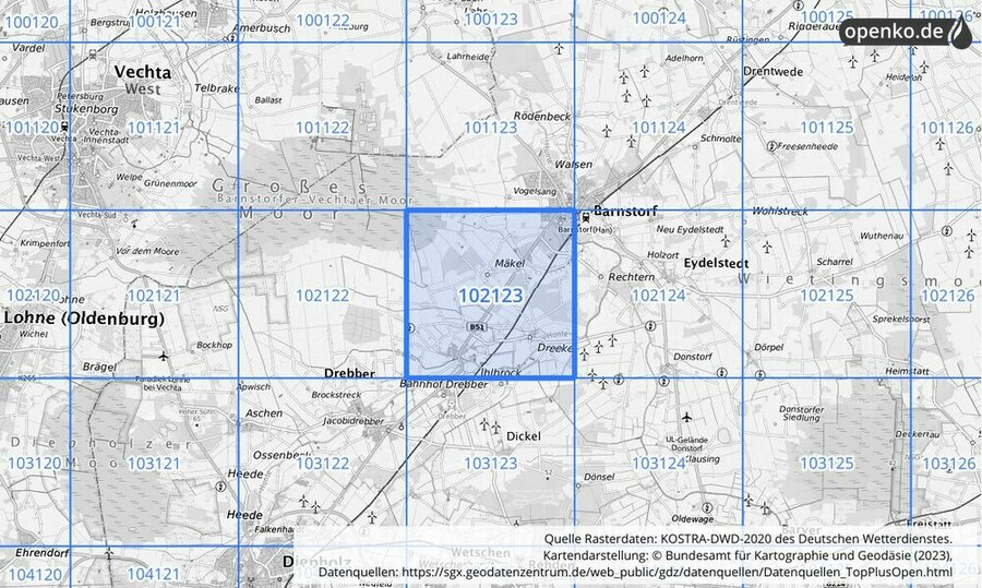 Übersichtskarte des KOSTRA-DWD-2020-Rasterfeldes Nr. 102123