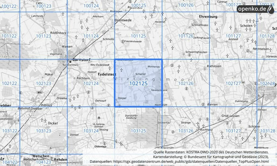 Übersichtskarte des KOSTRA-DWD-2020-Rasterfeldes Nr. 102125