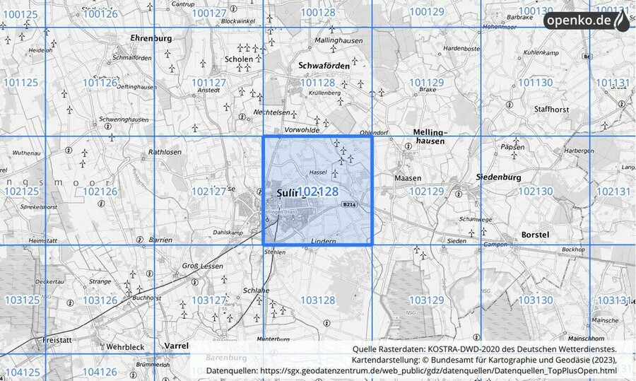 Übersichtskarte des KOSTRA-DWD-2020-Rasterfeldes Nr. 102128