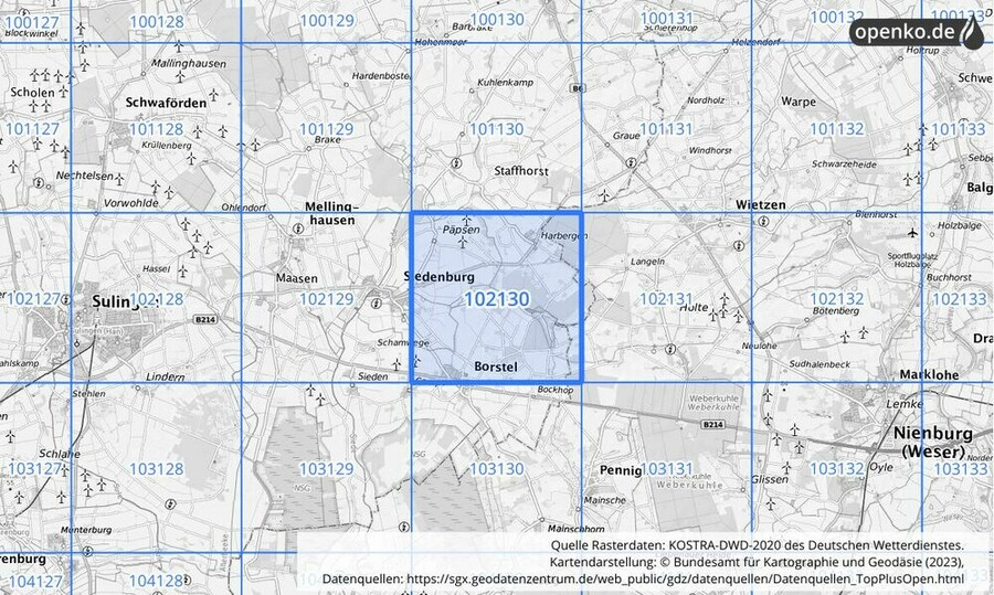 Übersichtskarte des KOSTRA-DWD-2020-Rasterfeldes Nr. 102130