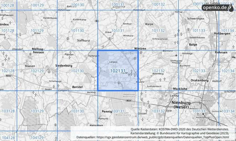 Übersichtskarte des KOSTRA-DWD-2020-Rasterfeldes Nr. 102131