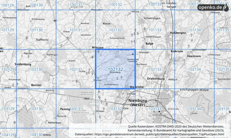 Übersichtskarte des KOSTRA-DWD-2020-Rasterfeldes Nr. 102132