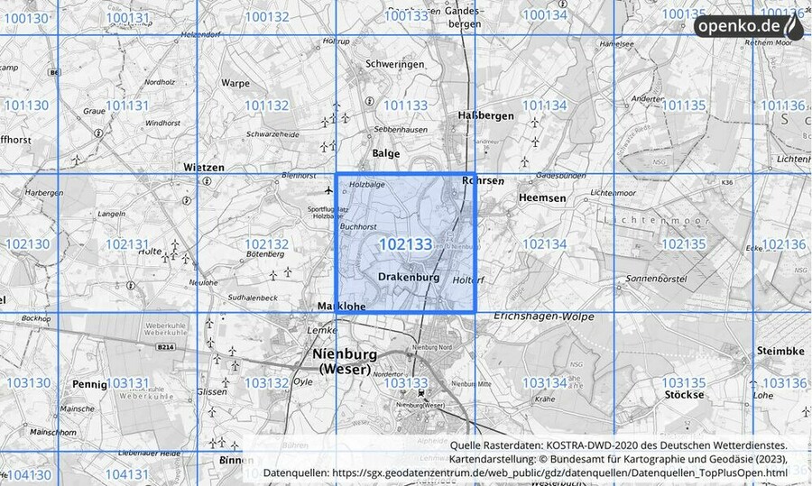 Übersichtskarte des KOSTRA-DWD-2020-Rasterfeldes Nr. 102133