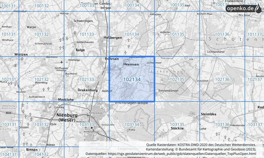 Übersichtskarte des KOSTRA-DWD-2020-Rasterfeldes Nr. 102134