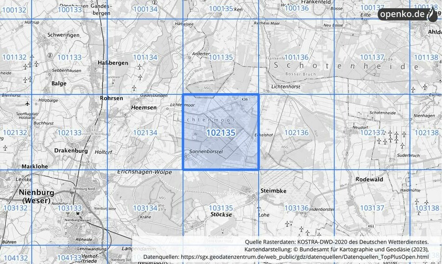 Übersichtskarte des KOSTRA-DWD-2020-Rasterfeldes Nr. 102135