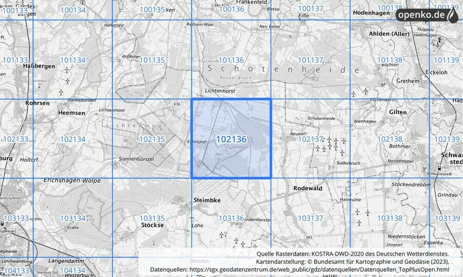 Übersichtskarte des KOSTRA-DWD-2020-Rasterfeldes Nr. 102136