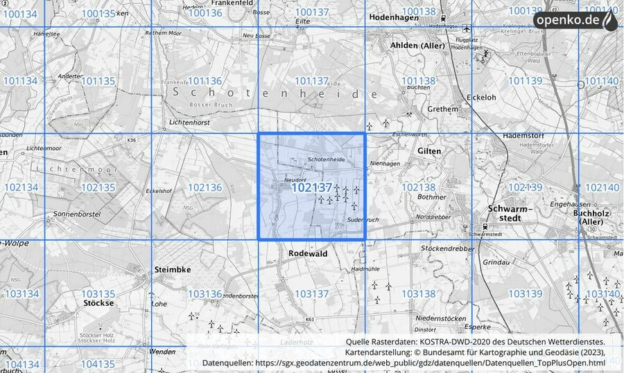 Übersichtskarte des KOSTRA-DWD-2020-Rasterfeldes Nr. 102137