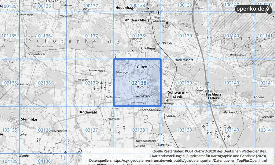 Übersichtskarte des KOSTRA-DWD-2020-Rasterfeldes Nr. 102138