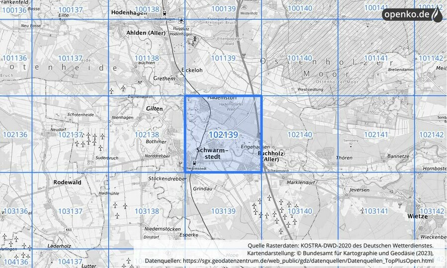 Übersichtskarte des KOSTRA-DWD-2020-Rasterfeldes Nr. 102139