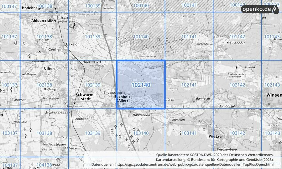 Übersichtskarte des KOSTRA-DWD-2020-Rasterfeldes Nr. 102140